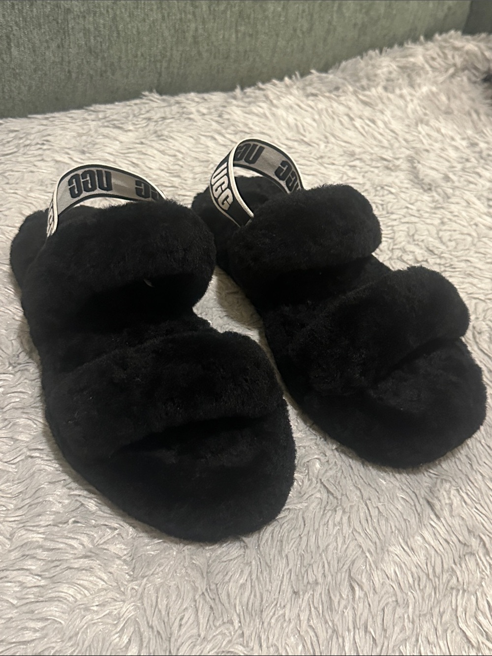 UGG Black Fluff Dual-Strap Slide Sandals with Logo Heel